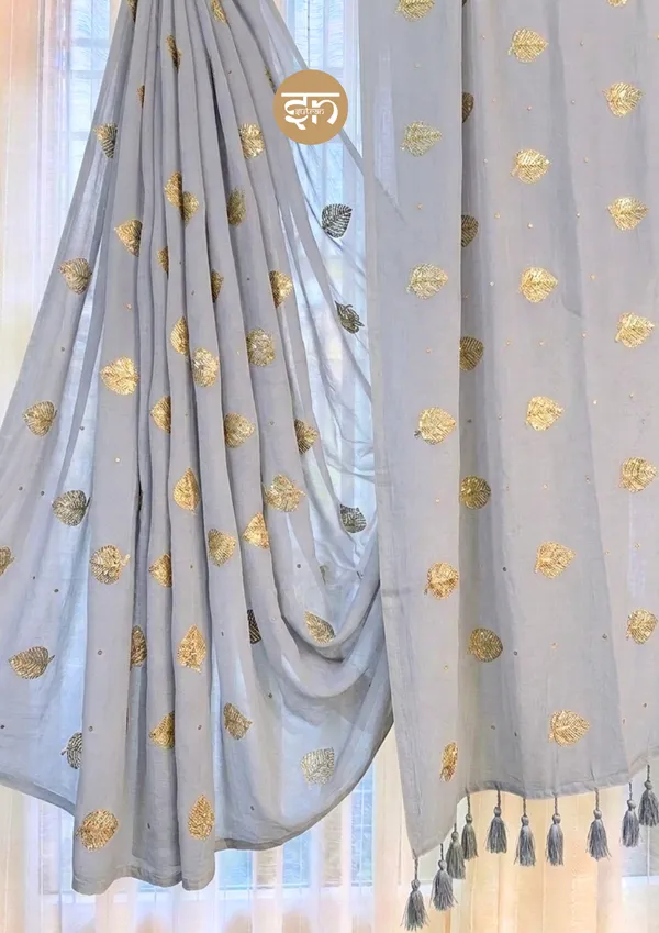 Moonlit_Leaves:_Grey_Pure_Mul_Cotton_Saree_with_Elegant_Leaf_Sequin_Embroidery_Work