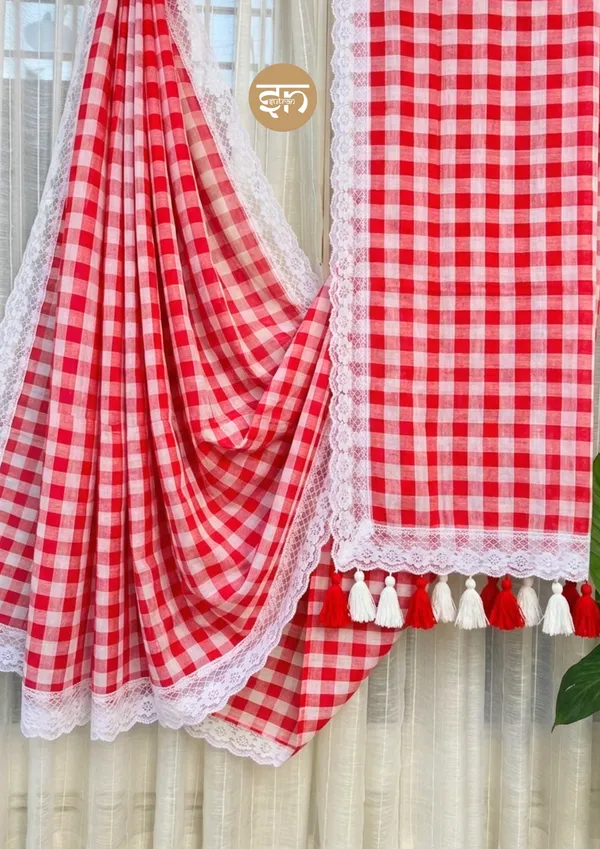 Feather_Loom_Threads:_Red_Pure_Mul_Cotton_Gingham_Saree_with_Lace_Border