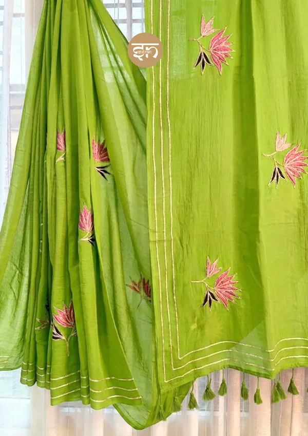 Gulbahar:_Pista_Green_Mul_Cotton_Saree_With_Embroidery_&_Sequin_Work_For_Women