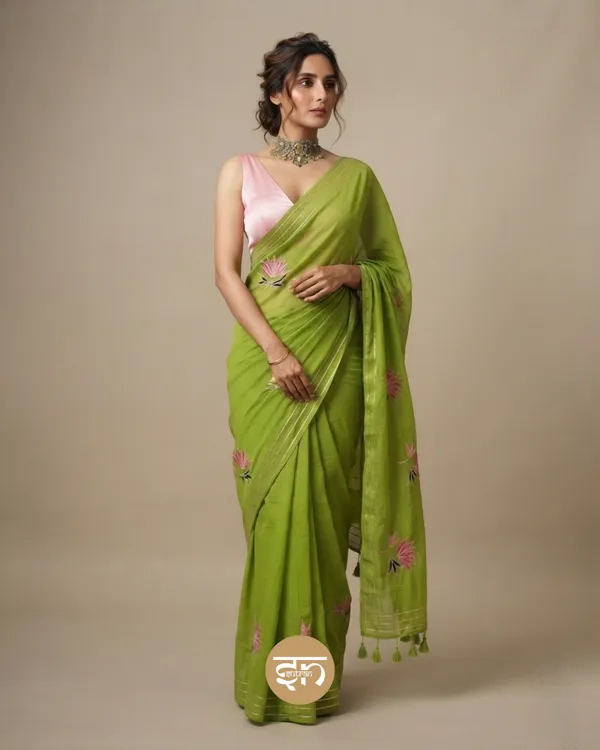 Gulbahar:_Pista_Green_Mul_Cotton_Saree_With_Embroidery_&_Sequin_Work_For_Women
