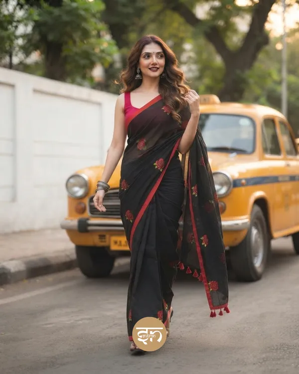 Seli_Fulkari:_Black_Pure_Mul_Cotton_Saree_with_All-Over_Rose_Embroidery_Work