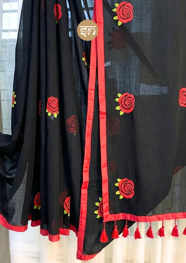 Seli_Fulkari:_Black_Pure_Mul_Cotton_Saree_with_All-Over_Rose_Embroidery_Work