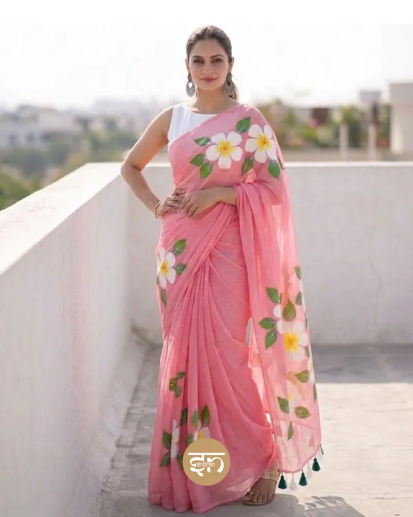 Ever_Blooming:_Pink_&_White_Mul_Cotton_Saree_With_Hand-Painted_Work_For_Women