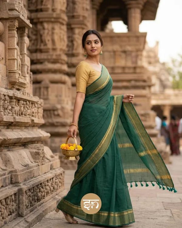 Anuragini:_Bottle_Green_&_Golden_Mul_Cotton_Saree_For_Women