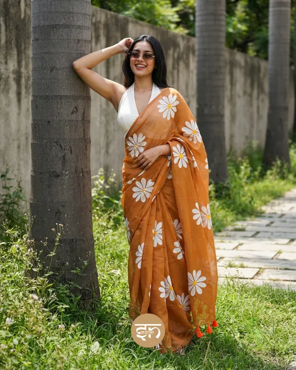 Daily_Daisy:_Tangerine_&_White_Mul_Cotton_Saree_With_Hand-Painted_Work_For_Women