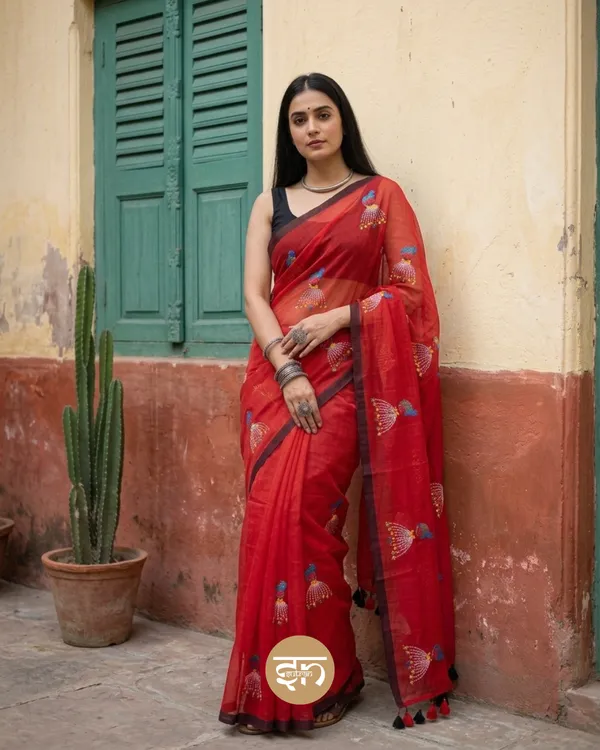 Dolly_Molly:_Red_&_Brown_Mul_Cotton_Saree_With_Embroidery_Work_For_Women