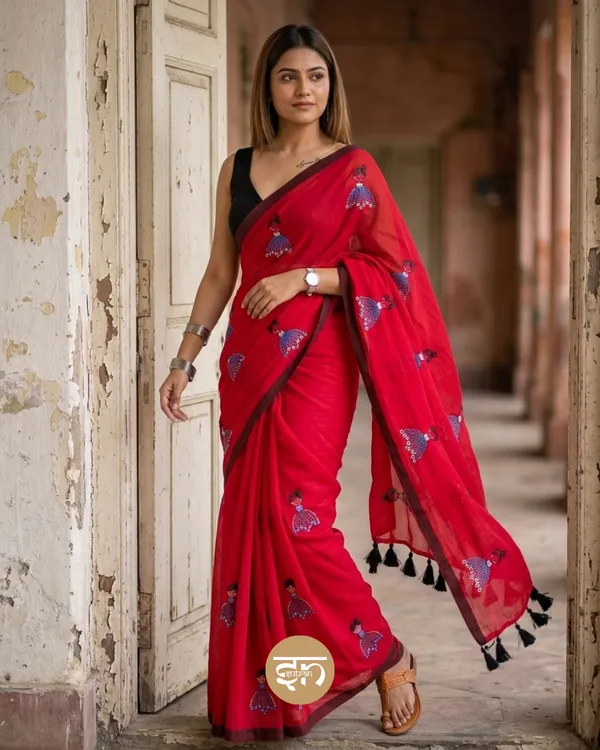Dolly_Molly:_Red_&_Brown_Mul_Cotton_Saree_With_Embroidery_Work_For_Women