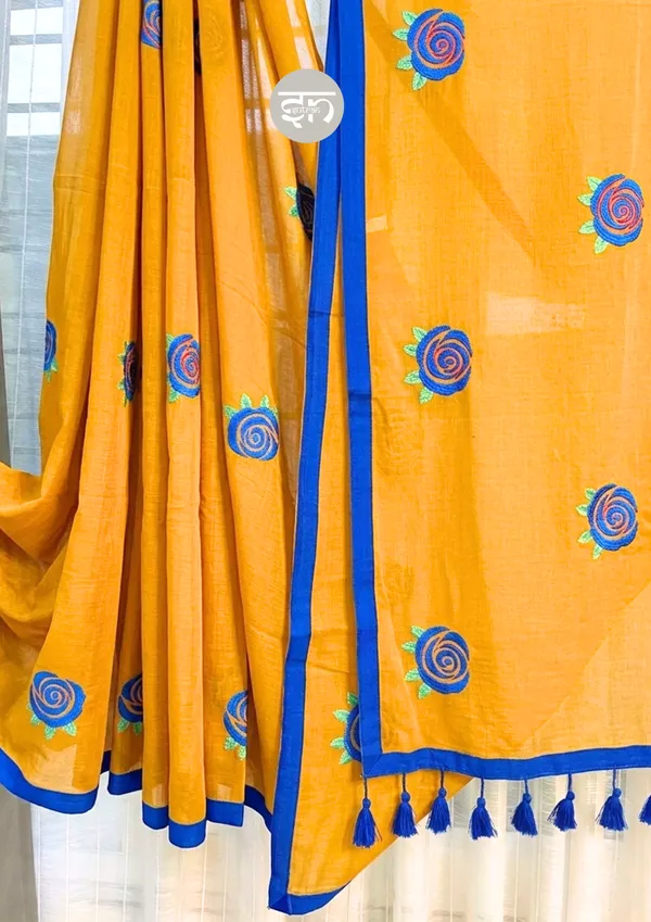 Seli_Fulkari:_Mustard_Yellow_Pure_Mul_Cotton_Saree_with_All-Over_Rose_Embroidery_Work