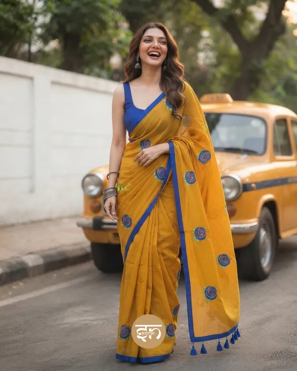 Seli_Fulkari:_Mustard_Yellow_Pure_Mul_Cotton_Saree_with_All-Over_Rose_Embroidery_Work