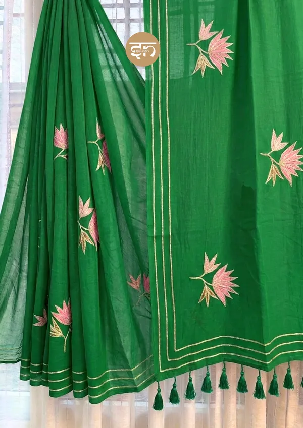 Gulbahar:_Green_Mul_Cotton_Saree_With_Embroidery_&_Sequin_Work_For_Women