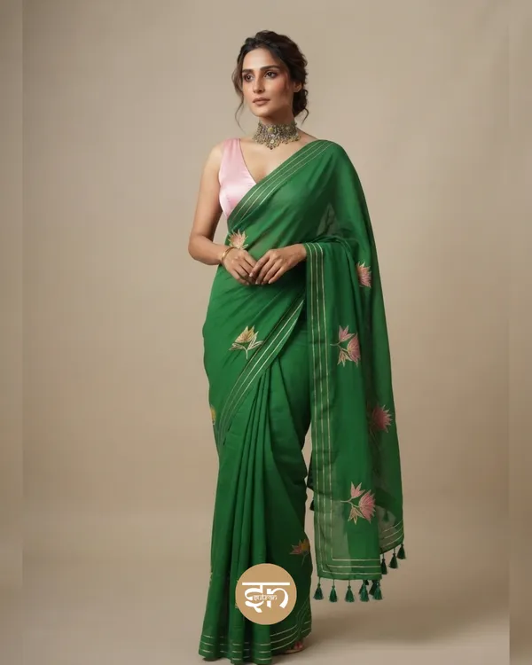 Gulbahar:_Green_Mul_Cotton_Saree_With_Embroidery_&_Sequin_Work_For_Women