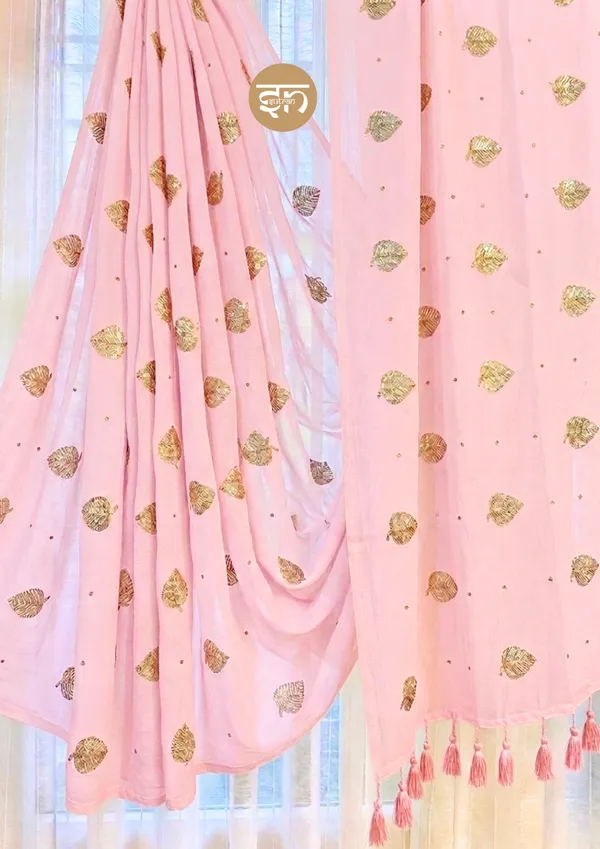 Moonlit_Leaves:_Baby_Pink_Pure_Mul_Cotton_Saree_with_Elegant_Leaf_Sequin_Embroidery_Work
