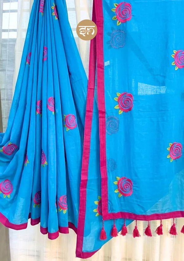 Seli_Fulkari:_Blue_Pure_Mul_Cotton_Saree_with_All-Over_Rose_Embroidery_Work