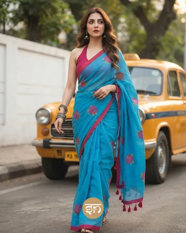 Seli_Fulkari:_Blue_Pure_Mul_Cotton_Saree_with_All-Over_Rose_Embroidery_Work