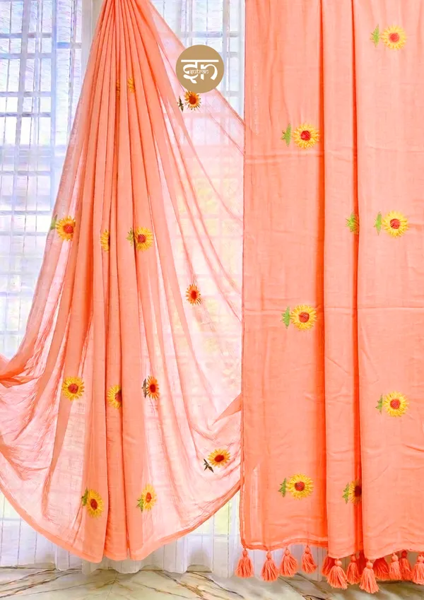 Sooraj_Ki_Bahoon_Mein:_Orange_Sunflower_Embroidered_Mul_Cotton_Saree_For_Women