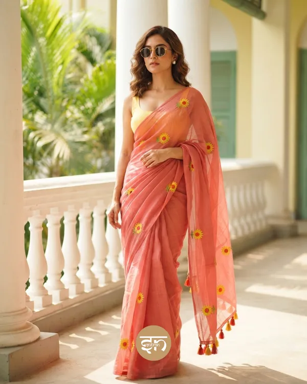 Sooraj_Ki_Bahoon_Mein:_Orange_Sunflower_Embroidered_Mul_Cotton_Saree_For_Women