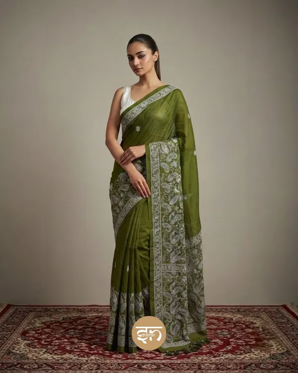Khwaab_Buney_Hue:_Olive_Green_Elegant_Mul_Cotton_Saree_with_Delicate_Chikankari_Work