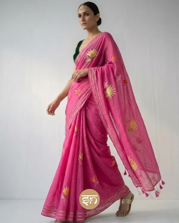 Gulbahar:_Pink_Mul_Cotton_Saree_With_Embroidery_&_Sequin_Work_For_Women