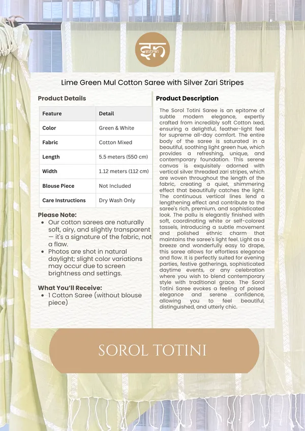 Sorol_Totini:_Lime_Green_&_White_Cotton_Blend_Saree_With_Thread_Work_For_Women
