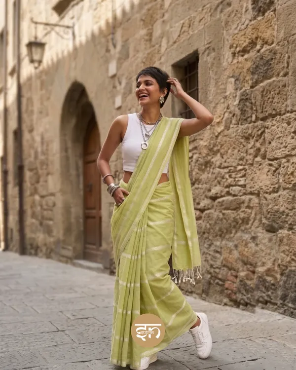 Sorol_Totini:_Lime_Green_&_White_Cotton_Blend_Saree_With_Thread_Work_For_Women