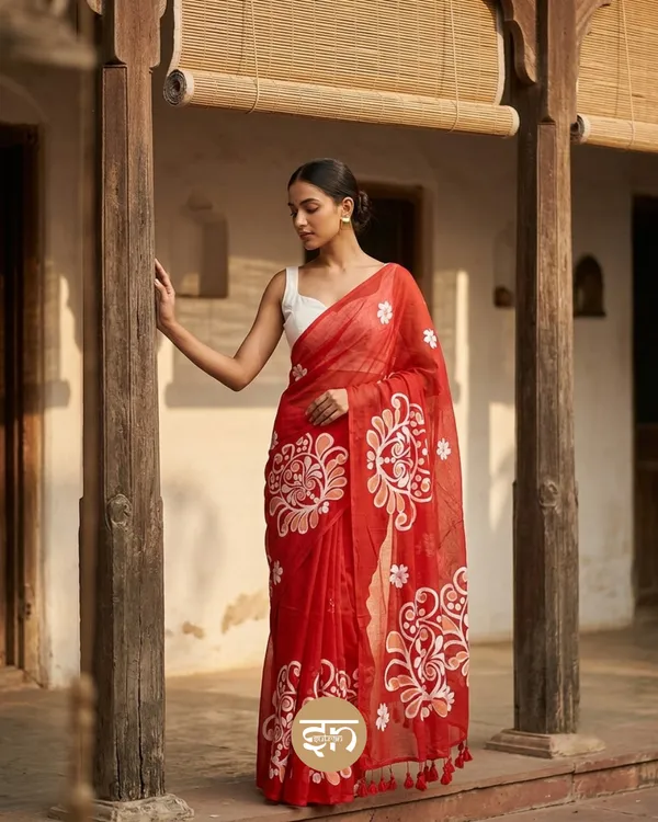 Rangbahari:_Red_&_White_Mul_Cotton_Saree_With_Hand-Painted_Work_For_Women
