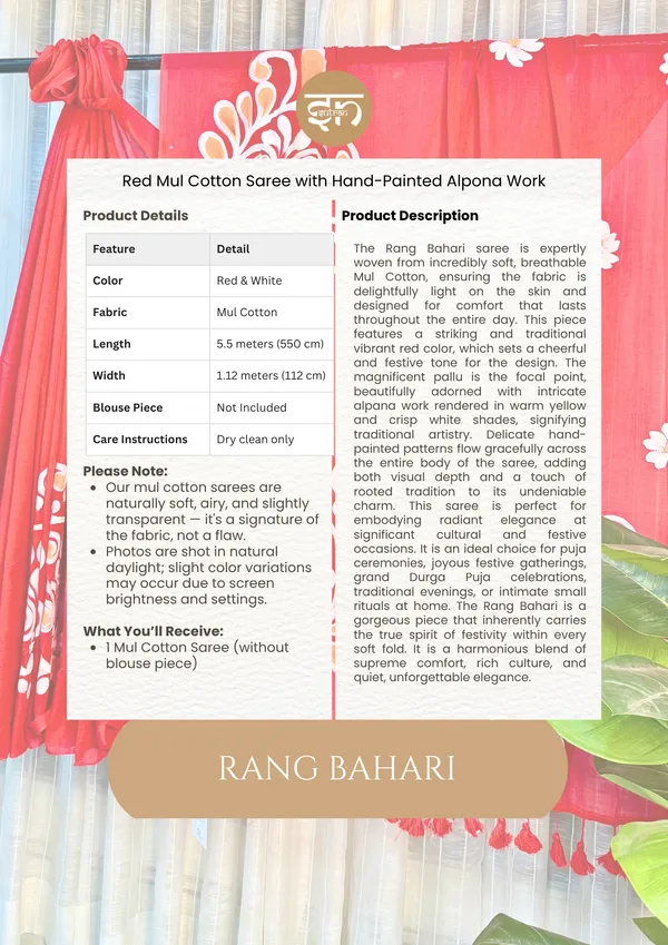 Rangbahari:_Red_&_White_Mul_Cotton_Saree_With_Hand-Painted_Work_For_Women