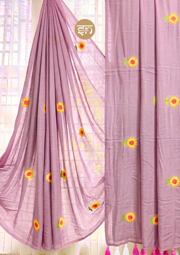 Sooraj_Ki_Bahoon_Mein:_Mauve_Pure_Mul_Cotton_Saree_with_Beautiful_Sunflower_Embroidery_Work