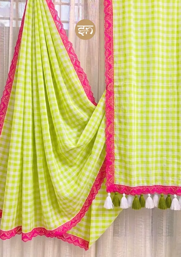 Feather_Loom_Threads:_Green_Pure_Mul_Cotton_Gingham_Saree_with_Lace_Border