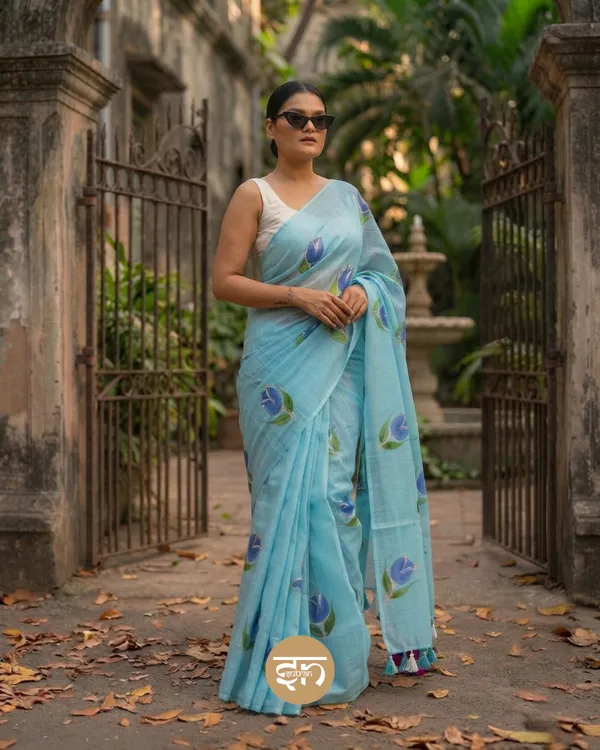 Rang_Rang_Mein:_Sky_Blue_Mul_Cotton_Saree_With_Hand-Painted_Work_For_Women