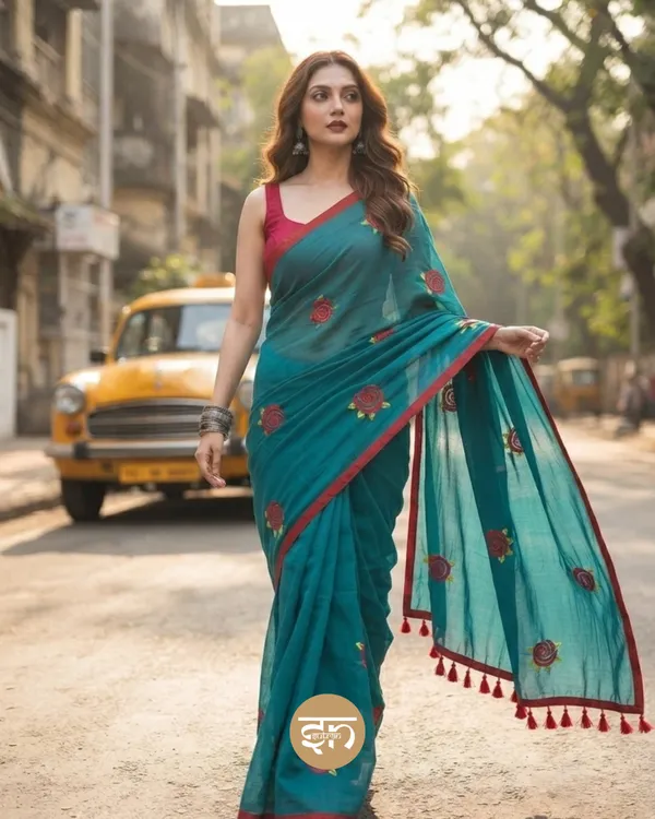 Seli_Fulkari:_Turquoise_Pure_Mul_Cotton_Saree_with_All-Over_Rose_Embroidery_Work