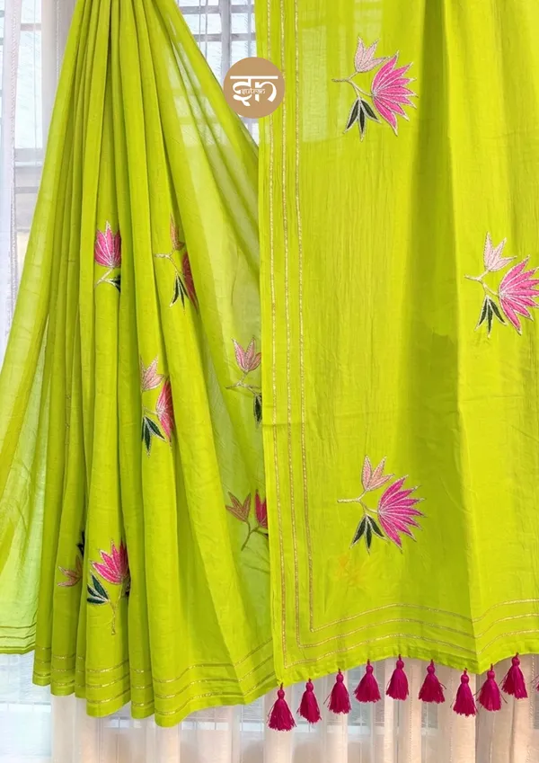 Gulbahar:_Lime_Green_Mul_Cotton_Saree_With_Embroidery_&_Sequin_Work_For_Women