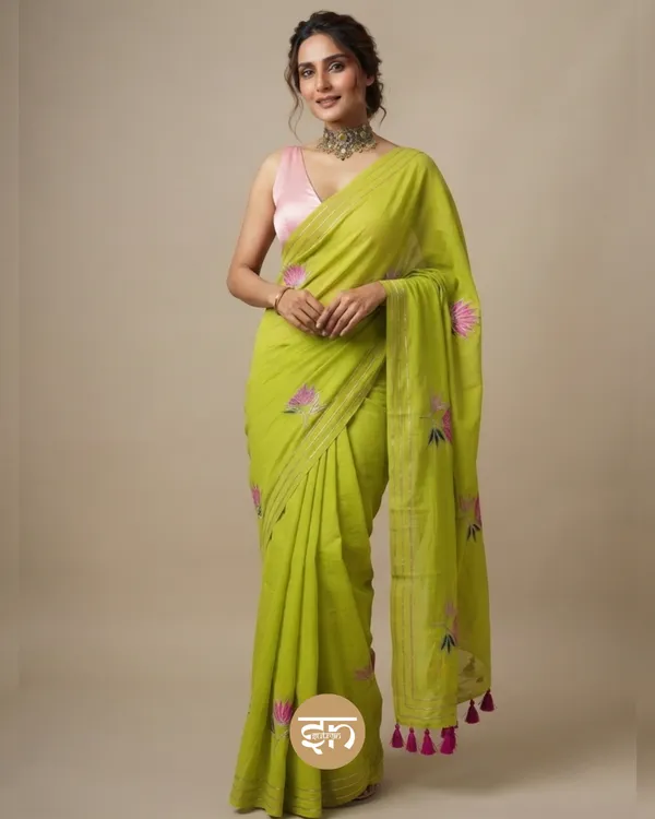 Gulbahar:_Lime_Green_Mul_Cotton_Saree_With_Embroidery_&_Sequin_Work_For_Women