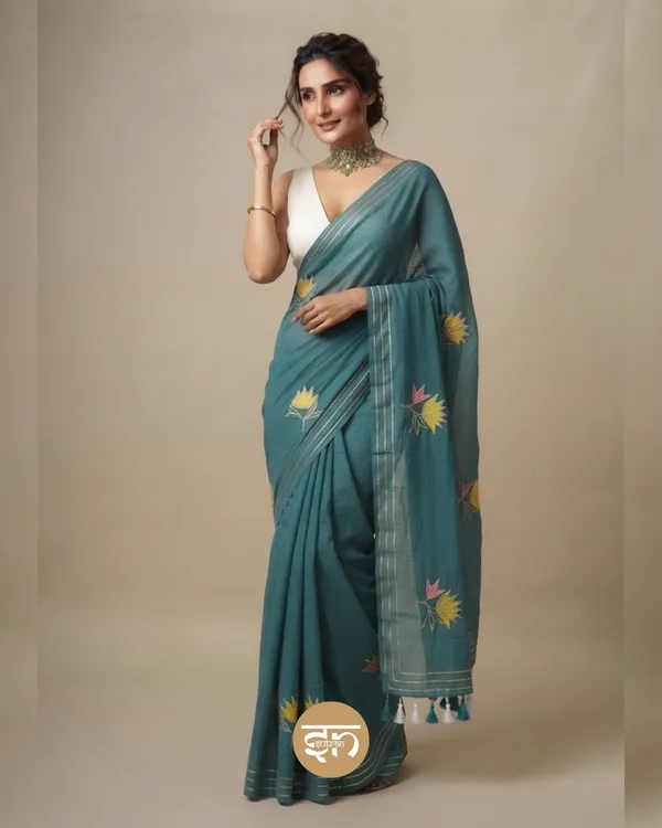 Gulbahar:_Beach_Blue_Mul_Cotton_Saree_With_Embroidery_&_Sequin_Work_For_Women