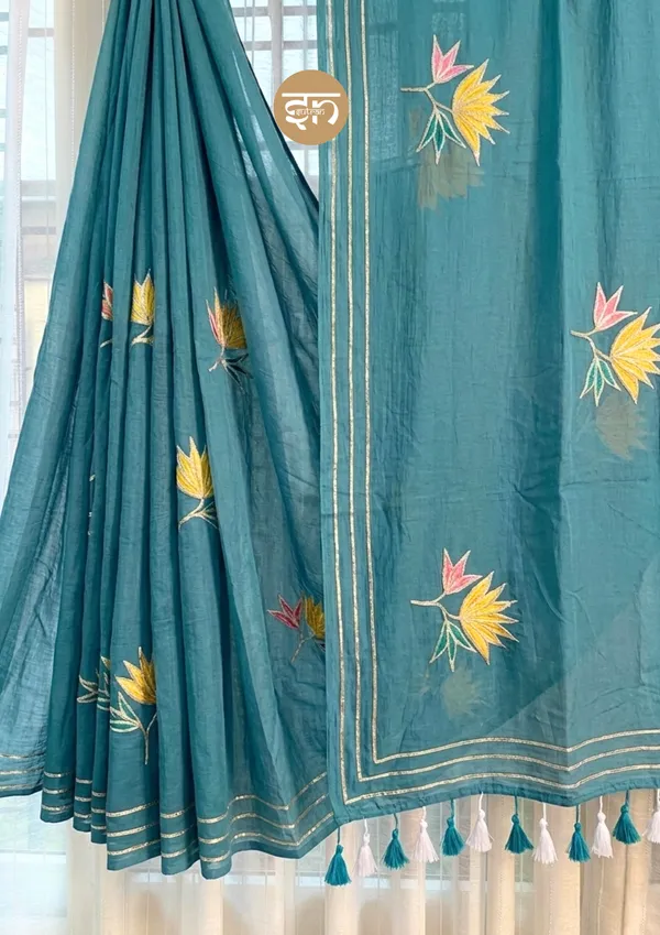 Gulbahar:_Beach_Blue_Mul_Cotton_Saree_With_Embroidery_&_Sequin_Work_For_Women