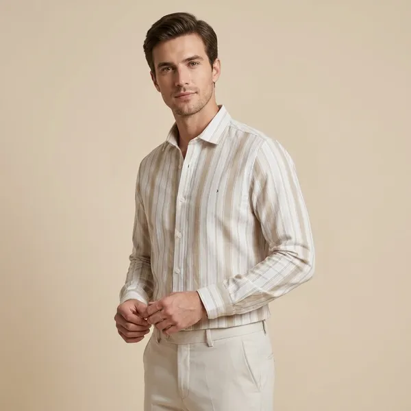 White_And_Beige_Striped_Cotton_Long_Sleeve_Shirt_For_Men