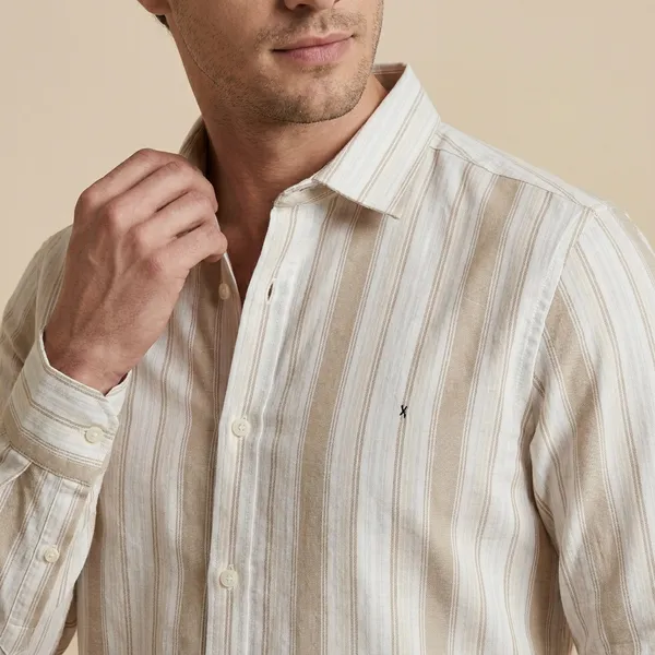 White_And_Beige_Striped_Cotton_Long_Sleeve_Shirt_For_Men