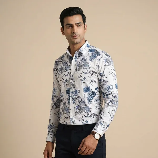 White_Blue_Floral_Print_Cotton_Regular_Fit_Shirt_For_Men