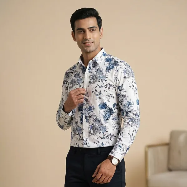 White_Blue_Floral_Print_Cotton_Regular_Fit_Shirt_For_Men
