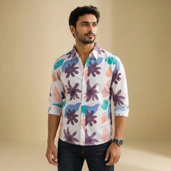 White_Cotton_Relaxed_Fit_Floral_Print_Shirt_For_Men