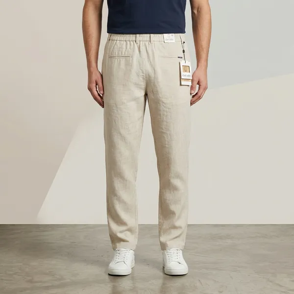 Beige_Linen_Blend_Relaxed_Fit_Elastic_Waist_Casual_Trousers_For_Men
