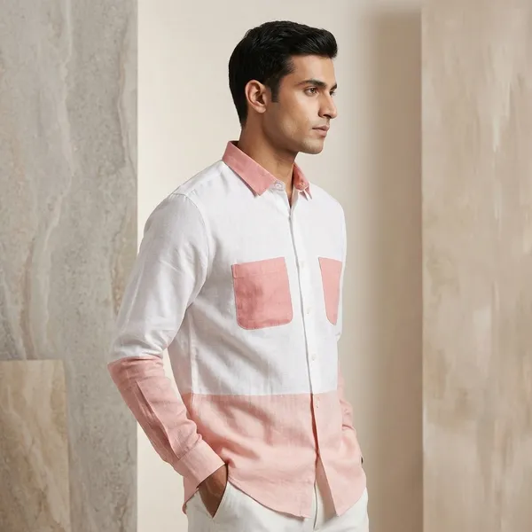 White_And_Peach_Linen_Color_Block_Regular_Fit_Shirt_For_Men