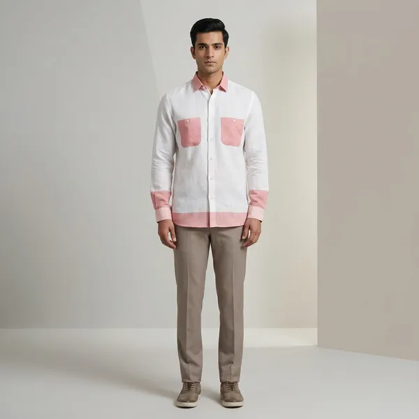 White_And_Peach_Linen_Color_Block_Regular_Fit_Shirt_For_Men