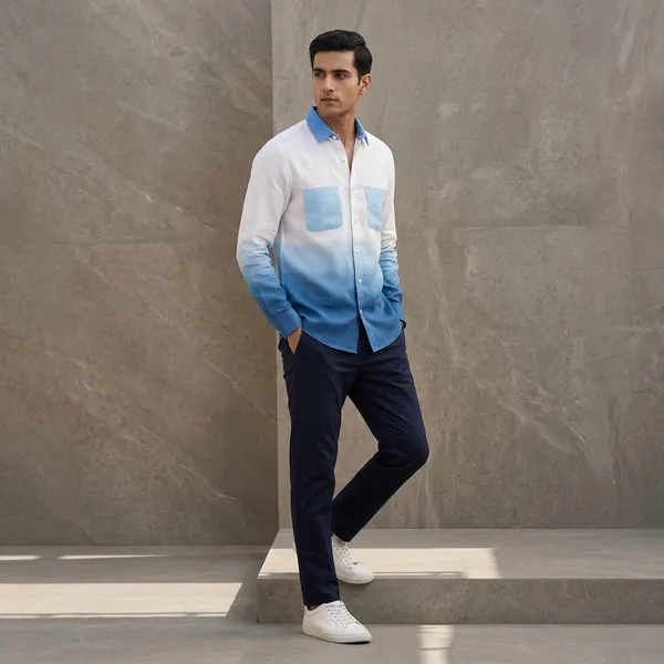 White_And_Sky_Blue_Linen_Color_Block_Relaxed_Fit_Shirt_For_Men