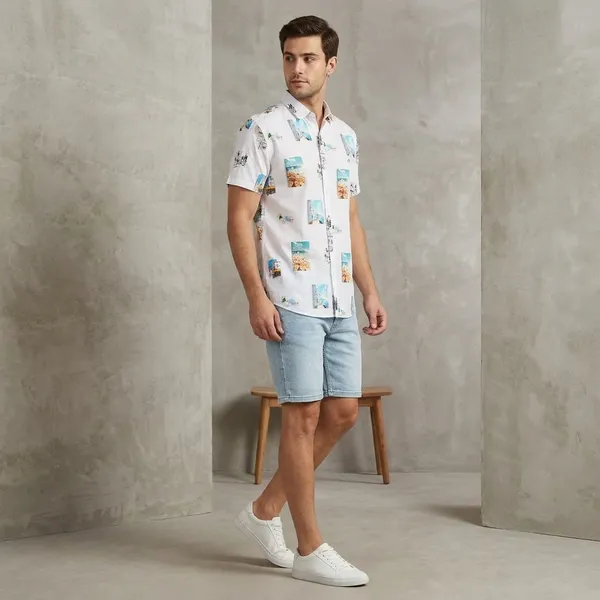 White_Cotton_Relaxed_Fit_Tropical_Print_Short_Sleeve_Shirt_For_Men