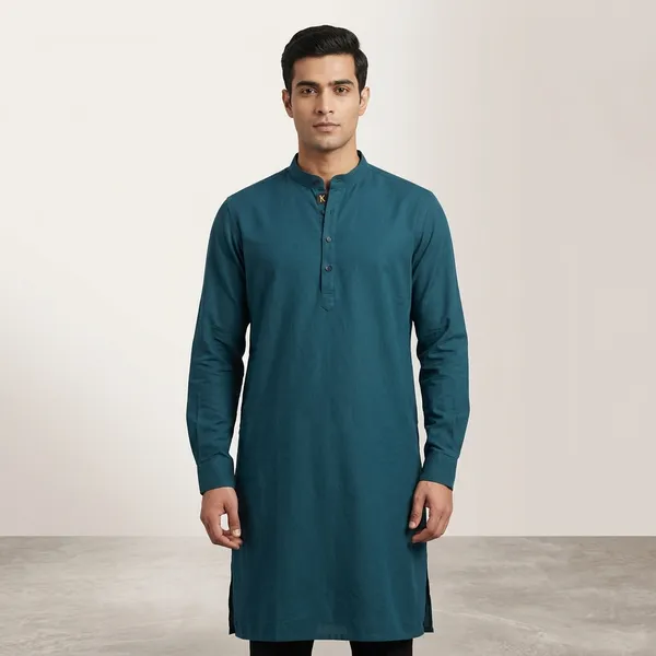 Teal_Blue_Cotton_Relaxed_Fit_Mandarin_Collar_Full_Sleeve_Kurta_For_Men