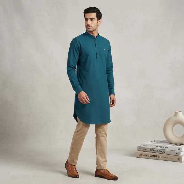 Teal_Blue_Cotton_Relaxed_Fit_Mandarin_Collar_Full_Sleeve_Kurta_For_Men