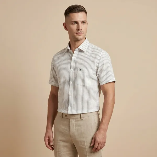 White_Striped_Short_Sleeve_Formal_Shirt_For_Men