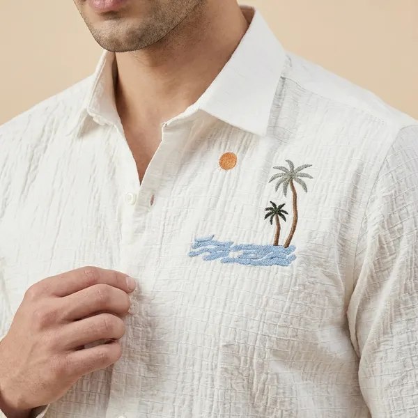 White_Textured_Palm_Tree_Embroidered_Full_Sleeve_Shirt_For_Men