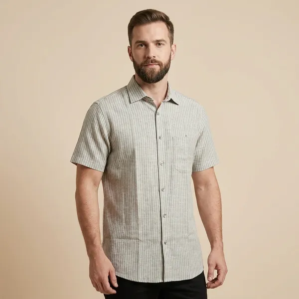 Gray_Striped_Cotton_Short_Sleeve_Casual_Shirt_For_Men