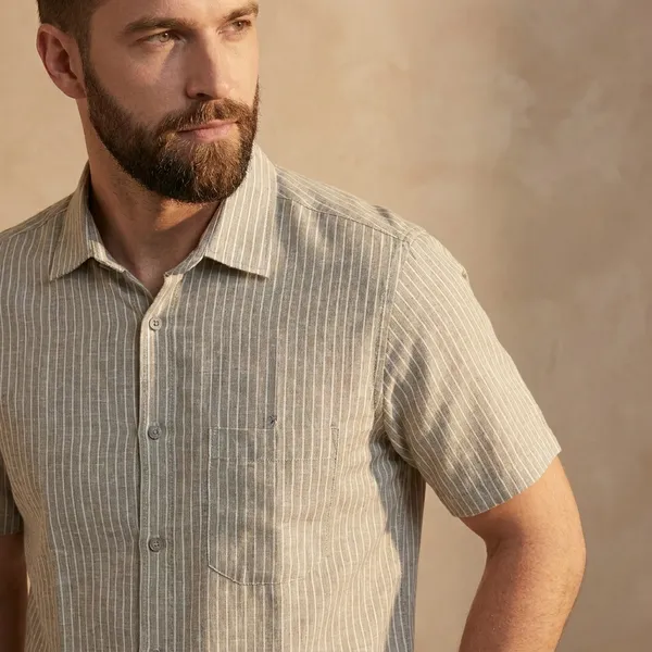 Gray_Striped_Cotton_Short_Sleeve_Casual_Shirt_For_Men